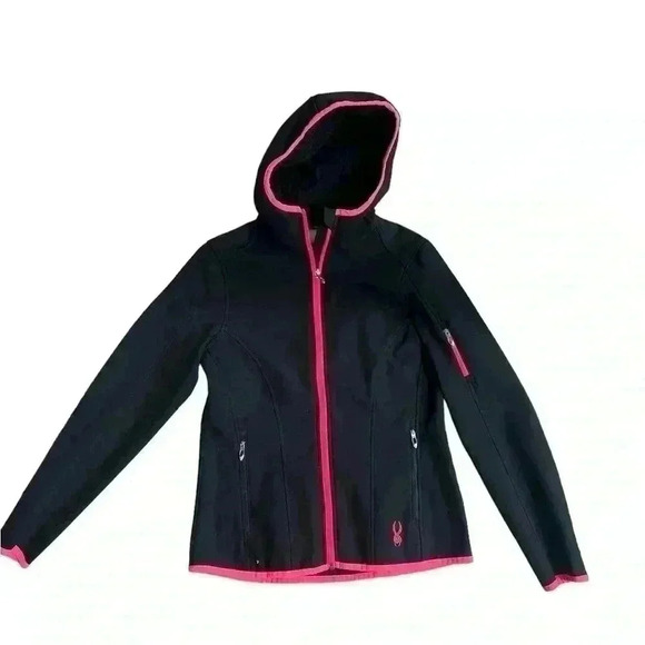 Spyder Women’s Jacket Black with Bright Pink Trim. Fleece Lined with a Hood - Picture 3 of 10
